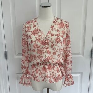 NWT Lauren Ralph Lauren Floral Peplum Red Pale Cream Ruffle V-Neck Blouse Size S